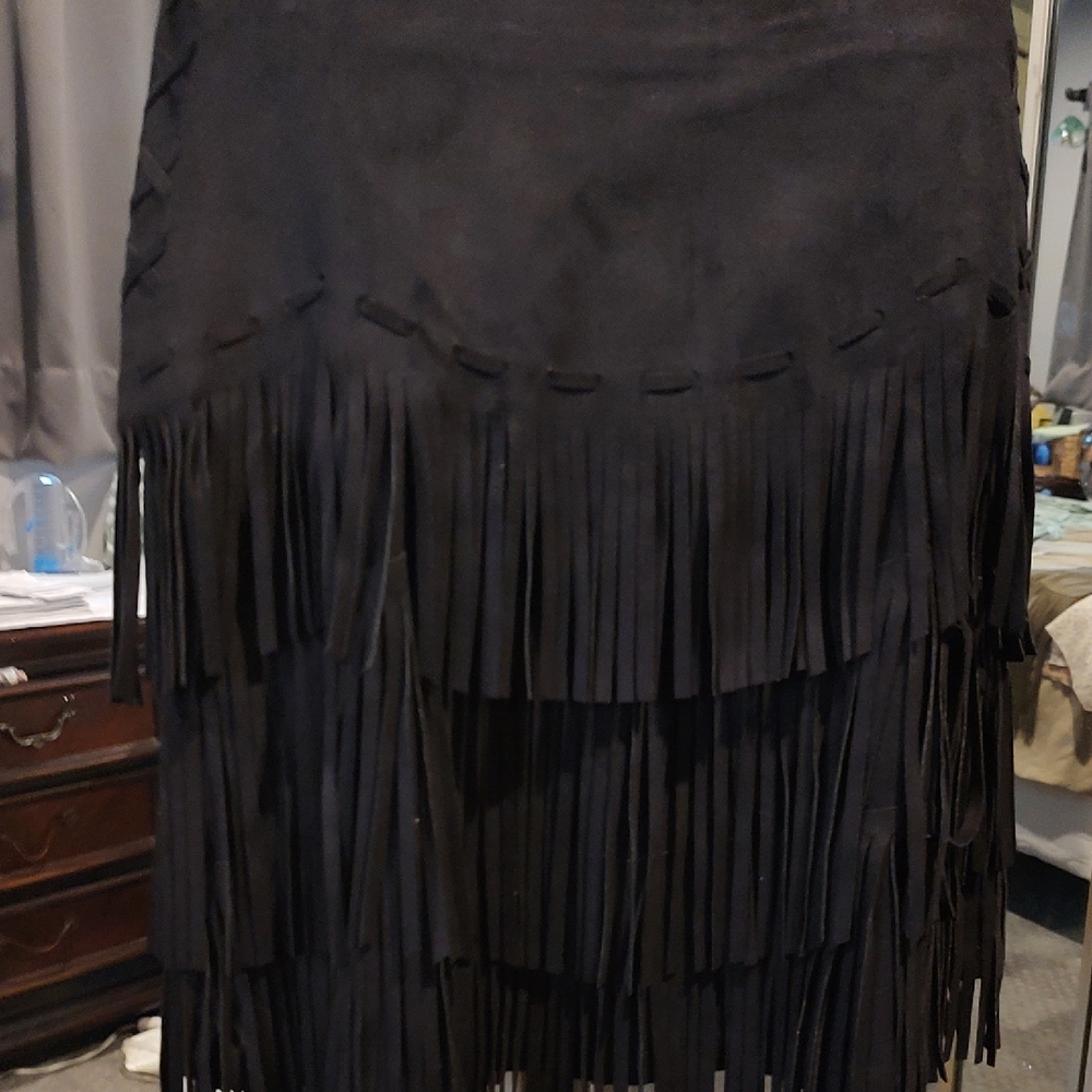 3 Mora Elegant  Fringe Midi Skirt -Faux Leather